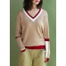 Chunky khaki knit blouse casual v neck sweaters side open