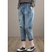 Unique Spring Trousers Casual Denim Blue Wardrobes Elastic Waist Leaf Pant