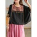 Black Vintage Embroidered Linen Women T-shirt