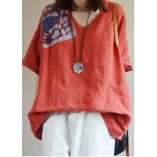 Bohemian Red V Neck Loose Pockets Fall Shirt Tops Half Sleeve