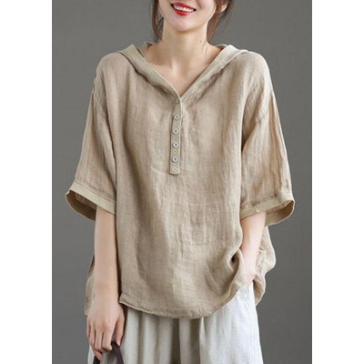 Khaki hooded Patchwork Summer Linen Blouses